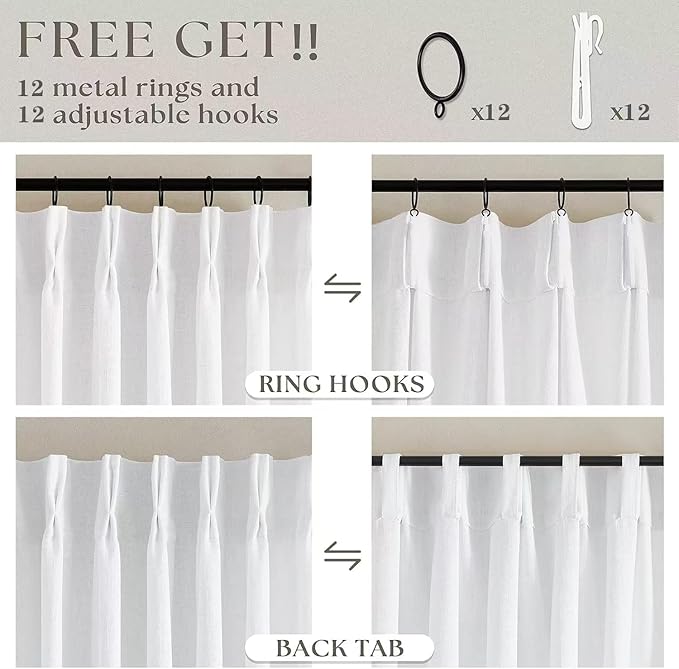 Snow White Pinch Pleated Linen Curtains 2 Panels for Living Room Bedroom Memory Training Shaped Semi Sheer Pleat Drapes with Hooks Rings Light Filtering Window Curtain 40x54