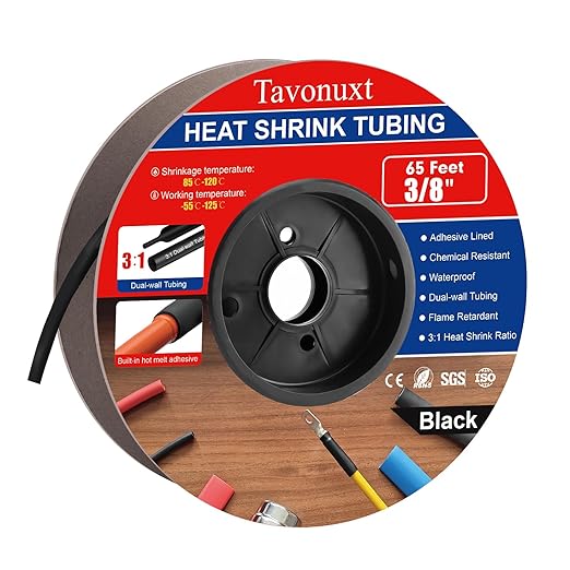 3/8" 65ft 3:1 Heat Shrink Tubing with Adhesive Lining - Marine Grade, Ideal for Home, Automotive, and Industrial Use - Black