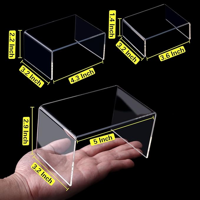 ANDGOO Display Risers, 6 Pcs(3”L~4”L~5”L) Acrylic Risers Clear Rectangular Stands Collectibles Display Shelf for Decor, Funko Pop and Cake Display Shelves, Display Stand for Organize and Decoration