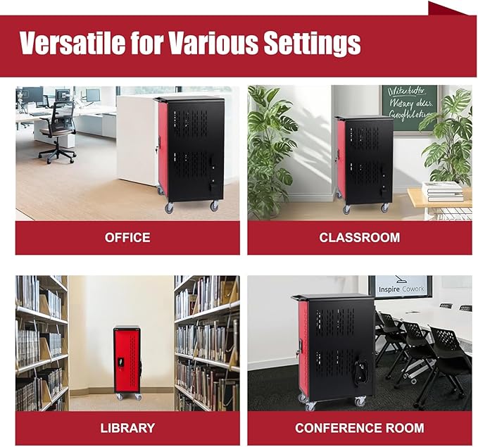 16 Bay Mobile School Charging Cart Station, Black Cart for Chromebook/Tablet/Laptop, with Power Strip, Lockable Doors, 2 Locking Casters & Ventilated Panels, 20" W×12.23" D×34.06" H