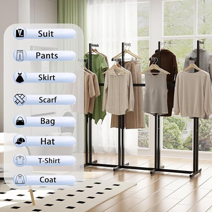 Black Clothing Racks with 8 Arms, Metal Clothing Racks for Hanging Clothes, Freestanding Garment Rack Heavy Duty, 46" to 63" Adjustable Height Retail Clothing Rack for Boutiques Display