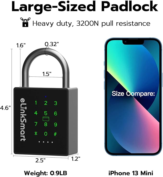 eLinkSmart Heavy Duty Smart Padlock with Key, Pad Lock with Code Keypad, Weatherproof Bluetooth RFID Keyless Electronic Digital Combination Lock for Gate Outdoor Fence Storage Unit Locker Shed Pool