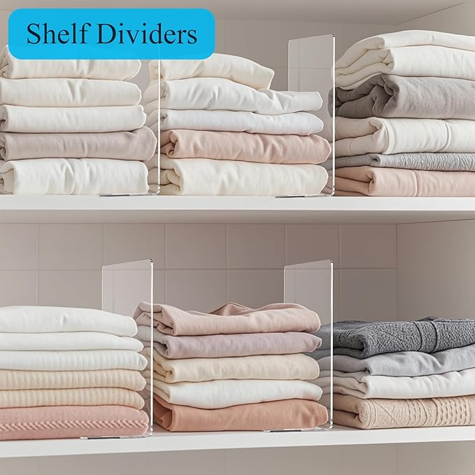 Shelf Dividers for Closet Organization: Acrylic Shelf Dividers for Clothes Sweater Purse - Clear Closet Organizers and Storage Separators for Shelves, 8Pack