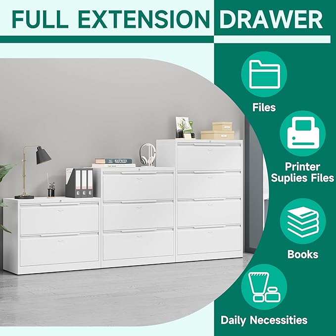2 Drawer File Cabinet with Lock,Lateral File Cabinet,35.4" W Metal File Cabinets for Home Office,Hanging Files Letter/Legal/F4/A4 Size (White - Assembly Required)