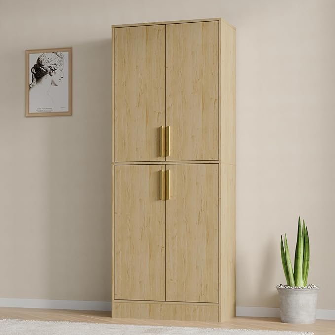 71" Tall Pantry Cabinet with 4 Doors, Kitchen Pantry Storage Cabinet, Freestanding Larder Cupboard, Utility Kitchen Hutch with Gold Handles for Dining Room, Bathroom, Natural