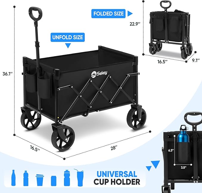 Sekey Wagon Cart with Wheels with 220LBS Capacity,Heavy Duty Wagon Carts Foldable with Drink Holders,Lightweight Utility Portable Cart for Grocery, Shopping, Garden, Camping. Black