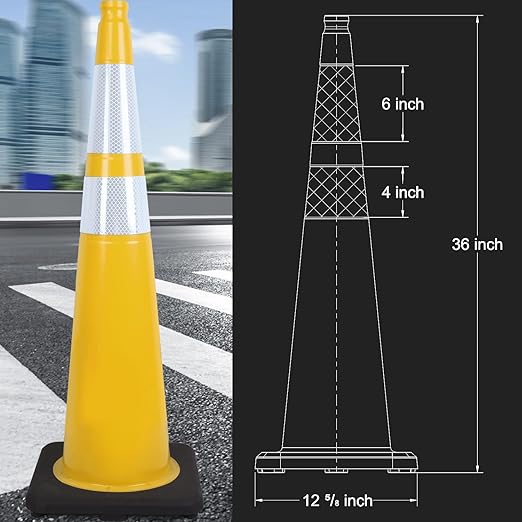 6 Pack 36" Large-Sized PVC Traffic Cones with Heavy-Duty Black Base, Garage Parking Lot Cones Structurally Stable Weatherproof Road Construction Safety Cones (6, Yellow, 36" Extra Large)