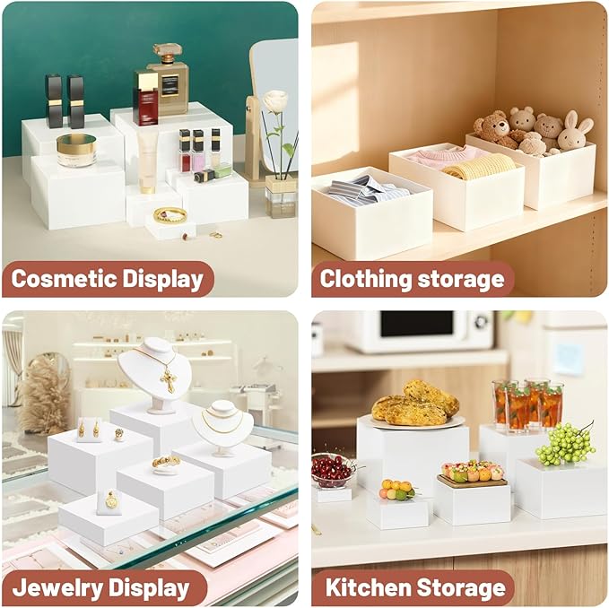 6Pcs Buffet Risers with Mini Sign and Maker, Acrylic Food Risers for Buffet Table, Catering Dessert Cake Stand for Party, Collectibles Jewelry Display Stand, White Cube Boxes Nesting Risers(10",9",8",7",6",5")