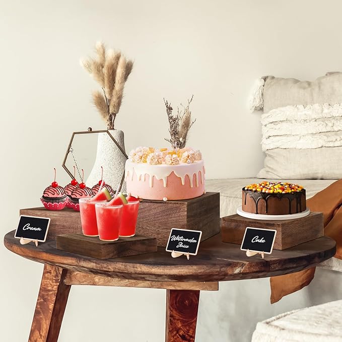 6 Pack Wooden Risers Display Stands with Mini Signs Square Food Risers for Buffet Party Rustic Wood Cake & Cupcake Stands Nesting Box Wooden Crates for Display