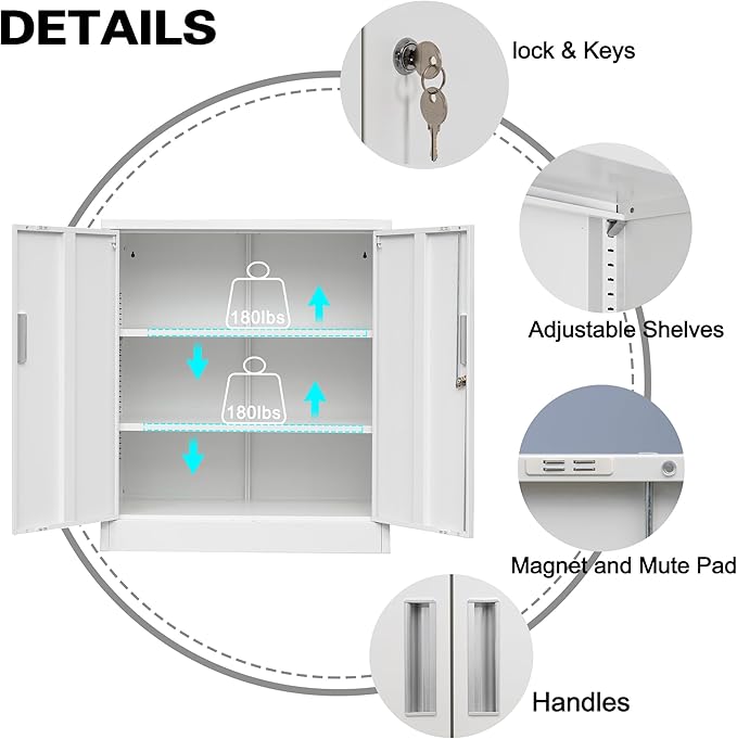 Metal Storage Cabinet, 36" H Locking Storage Cabinet with 2 Adjustable Shelves for Garage, Home, Office, Utility Room-White