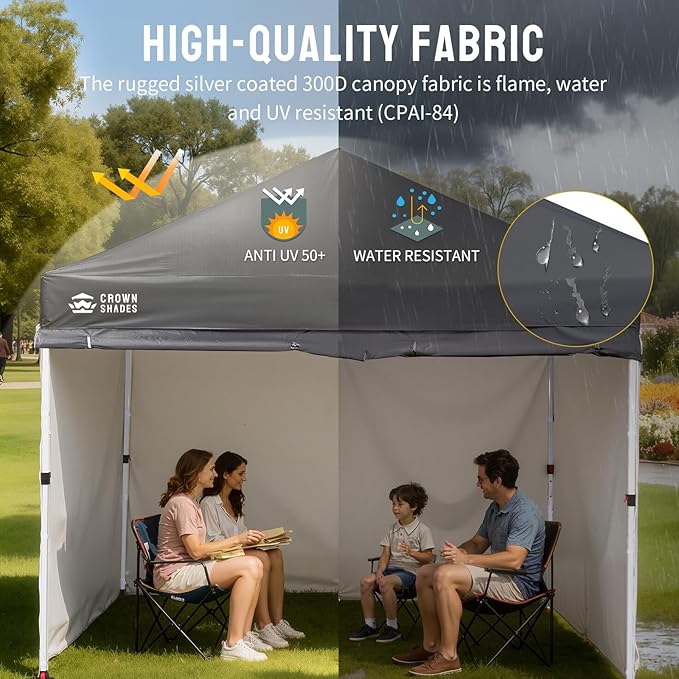 CROWN SHADES 10X10 Comercial Instant Canopy Pop Up Tent with Center Lock, 300D Fabric, 4 Sidewalls, Sto'N Go Bag, Grey