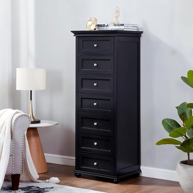 Tall Black Dresser for Bedroom with 7 Drawers, 52" Tall Modern Style Wooden Lingerie Chest with Crown Molding and Solid Wood Ball Legs, Anti-0xidation Zinc Alloy Knob(Black)