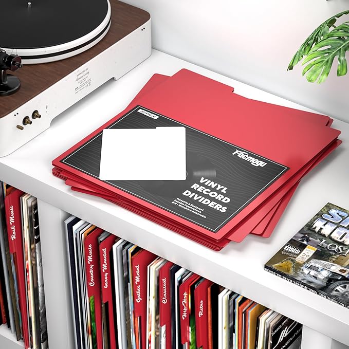 Facmogu 20PCS Vinyl Record Dividers, Upgrade Thicker Vinyl Record Separators, 33RPM Plastic Vinyl Record Divider Card, Blank Writable DIY Vinyl LP Album Separators for Vinyl CD, DVD Organization - Red