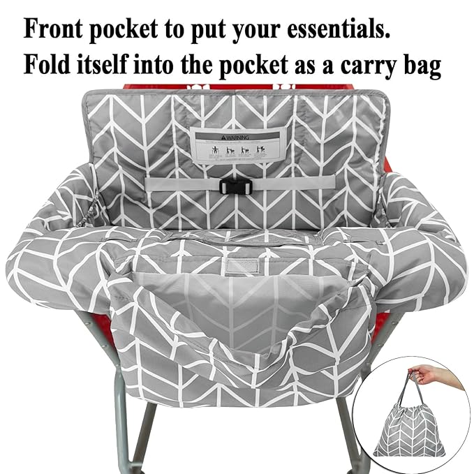 2-in-1 Shopping Cart and High Chair Cover for Baby, Padded Cover, Fold'n Roll Style, Portable with Carry Bag (Gray Arrow)