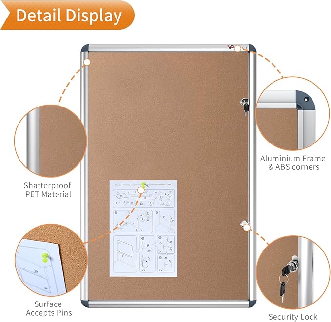 VIZ-PRO Tamperproof Lockable Cork Noticeboard Class 1 Aluminium Framed 48x36 Inches, Pack of 2
