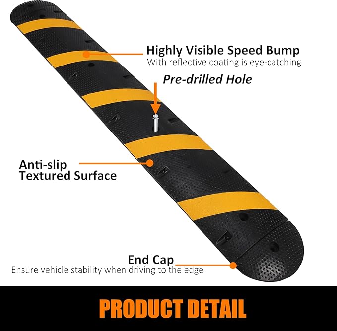 84" Heavy Duty Rubber Speed Bumps for Driveway & Parking - 2 Channel Cable Protector Ramps with End Caps & 6 Bolt Spikes for Asphalt & Gravel Roads
