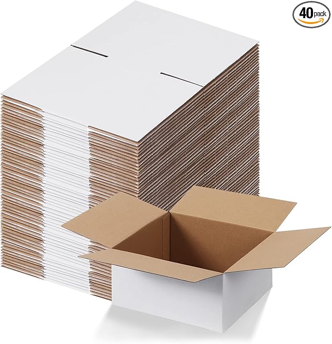 Calenzana 8x8x4 Shipping Boxes Set of 40, White Corrugated Cardboard Box for Mailing Packing Gifts Small Business