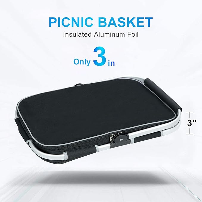 LIQING 35L Large Picnic Basket 2 Layers of Internal Pockets Leak-Proof and Insulated ，Folding with Internal Support for enhansed Stability, Wedding Gifts for Couple(Black)