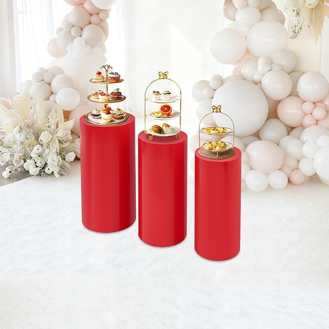 Eapmic Pedestal Stands for Party, Cake Pedestal Stand, Dessert Table Display Plinth Pillars, Sculpture Display Column Decoration Cube for Wedding Birthday (Red, Cylinder-3Pcs(27.56"+26"+23.62"))