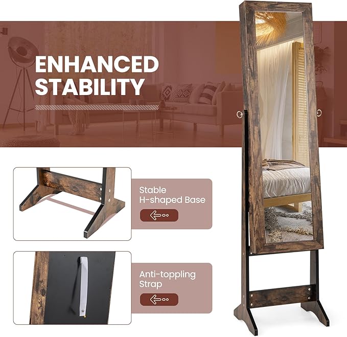 Giantex Jewelry Cabinet with Full-Length Mirror, Standing Jewelry Armoire Organizer with 64 Earring Slots, 20 Necklace Hooks, 72 Ring Slots, 4 Storage Shelves, 3 Angle Adjustable, Rustic Brown