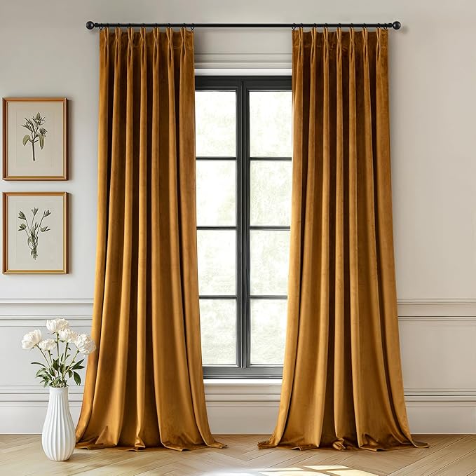 MIULEE Velvet Pinch Pleated Blackout Curtains 84 inches Long, Gold Brown Pleat Design Thermal Insulated Luxury Window Drapes for Living Room Bedroom with Hooks, Set of 2