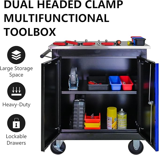 Rolling Tool Chest with 2 Doors and Adjustable Shelves, 25.9" D Movable Lockable Tool Cart Multi-Functional Hardware Storage Cabinet Box Auto Repair Locker