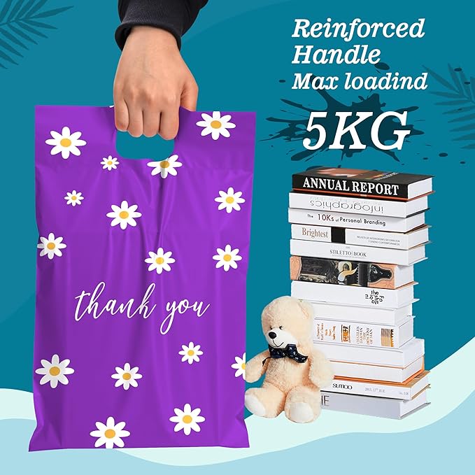 JinRuiKJ Poly Mailers with Handle 10x13 Inch 25 Pcs, Easy to Carry Packaging Bags for Small Business, Thank You Shipping Bags with Self Adhesive Strip, Tearproof and Waterproof - Purple Chrysanthemum