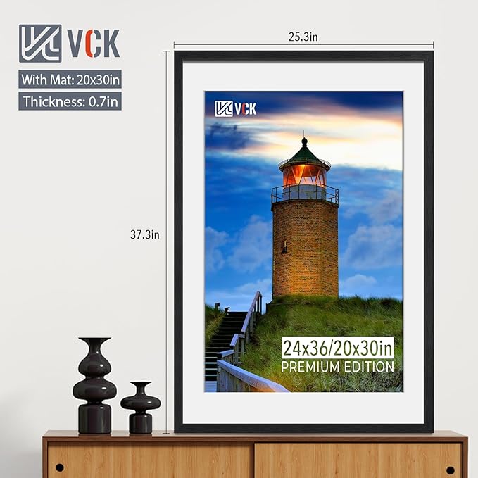 VCK 24x36 Poster Frame Black - with Mat 20x30, Solid Wood Picture Frame with Textured Exclusive, Horizontal and Vertical Formats with Included Hanging Hardware - 2 Pack