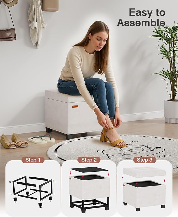 17.7 inches Chenille turfed Ottomans Cube with Storage, Metal-Framed Square Storage Ottoman Foot Rest Stool Holds 770 LB for Dorm Living Room Bedroom White UASND641W