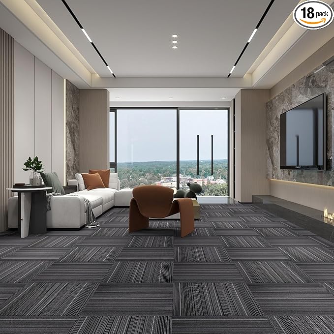 ALTRUISTIC Heavy Duty Commercial Carpet Tiles 24" x 24", 18 Pcs/72 sq ft (FlexLok tabs Included),Non-Slip Soft Square Carpet Floor Tile for Office Bedroom Living Room Kitchen Garage Gym (Black)