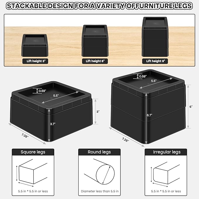 Oversized Heavy Duty Bed Risers & Furniture Risers - Stackable Supports 12000 Lbs,Furniture Lifter/Square Bed Raising Blocks for Sofas, Couches, Desks(Black 8 Pack, Fits Huge 5.5 inch × 3 inch)