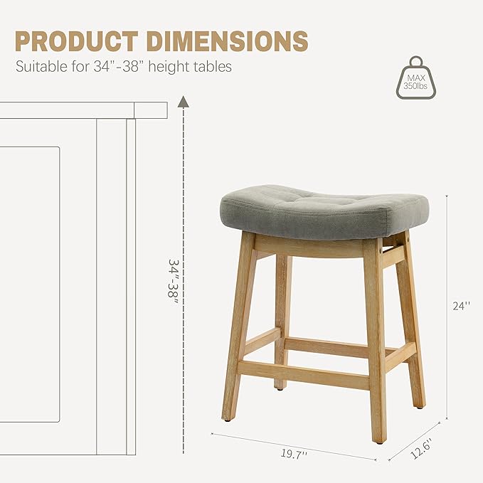 Counter Height Bar Stools Set of 6 for Kitchen Counter Farmhouse Modern Barstools with Upholstered Fabric Backless Seat and Solid Wood Legs 24 inch Bar Chairs, Grey + Wood Color
