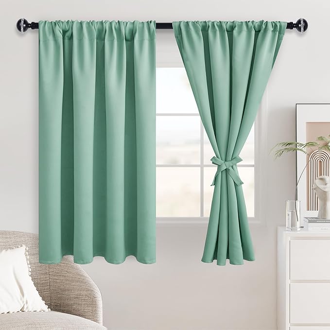 JIUZHEN Blackout Curtains for Bedroom - Thermal Insulated Noise Reducing Privacy Short Curtain for Living Room, Set of 2 Panels with Tiebacks, 38 x 54 inches Long,Sage Green