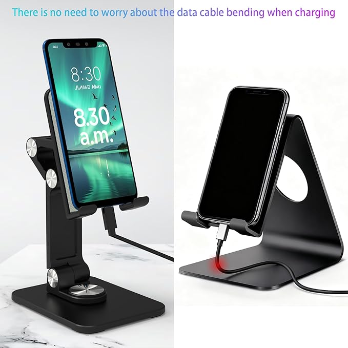 360 Rotating Cell Phone Stand,Folding Phone Stand,Adjustable Height and Angle Foldable Cell Phone Stand Holder for Desk, Taller iPhone Stand Compatible with iPad Smartphones Tablet (Black)