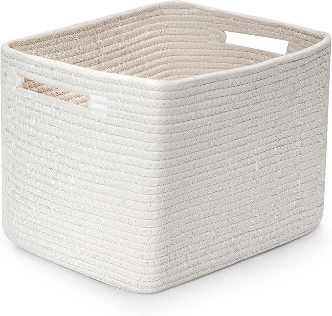Shelf Woven Storage Basket, 15 x 10 x 9” Closet Rope Baskets For Organizing, Square Bins with Handles, White 1 Pack