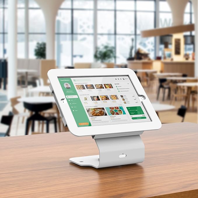 Kiosk POS Tablet Stand Compatible with 10.2 inch iPad 7 8 9 Generation, Business Desktop Retail Tablet Stand with 360° Swivel Base, Metal, White, PSC101WT