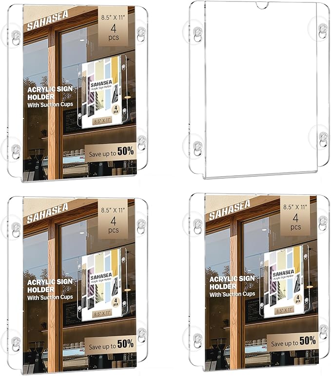 Acrylic Sign Holder 8.5 x 11, 4 Packs Flyer Holder for Business, Clear Sign Holder with Suction Cups for Menu, Notice, Frames Glass Door Window Display Stand for Store, Restaurant, Office