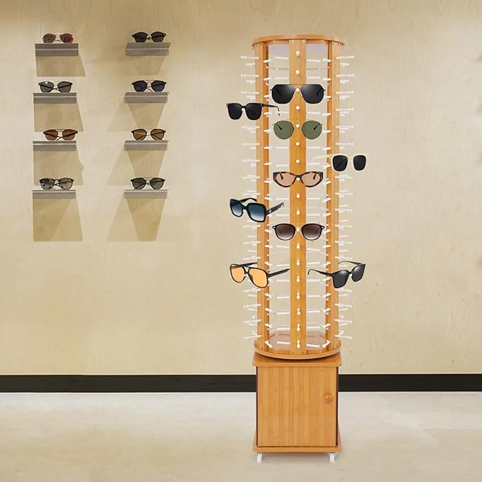 Sunglasses Display Stand, 108 Pairs Wooden 360° Rotating Sunglass Eyeglass Holder Organizer, Glasses Hanger Storage Rack for Retail Commercial Display, L14.2*H66.1in, Brown