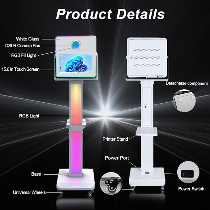 Photo Booth Machine 15.6 inch Selfie Portable Touch Screen Photobooth with RGB Light,Mirror Photo Booth with Flight Case for Wedding Party Events (Machine+Mini Printer)