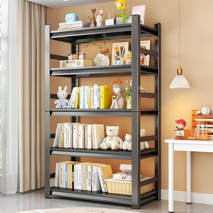 Garage Shelving Units, Heavy Duty 5-Tier Storage Shelves, Metal Adjustable Storage Rack, Steel Shelves, 2750 lbs Capacity, Industrial Shelving for Heavy Tools (Black, 16"Dx36"Wx70"H, 5-tier)