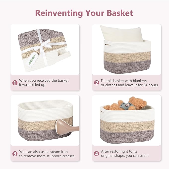 Cotton Rope Basket, Storage Baskets with Handle, 15x10x9 Inch Woven Basket for Shelves, Laundry, Towels, Clothes, Books (White/Pink 2Pack)