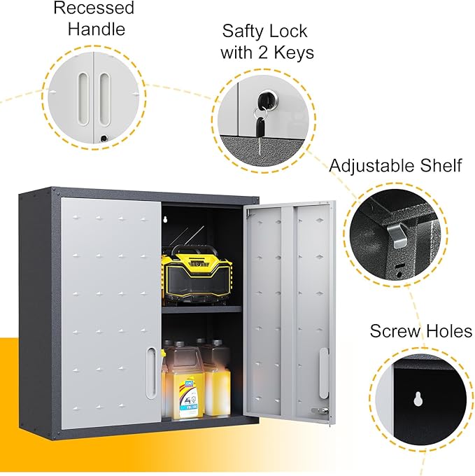 Metal Wall Mounted Cabinet with 2 Lockable Doors & Adjustable Shelf, Hanging Garage Storage Cabinet, Floating Upper Tool Cabinets for Shop, Kitchen, Bathroom (Grey, 30''W x 12''D x 30''H)
