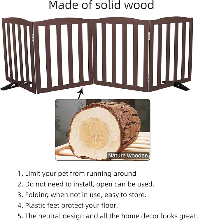Freestanding Dog Gate Indoor,Doggie Gate Foldable Pet Gates for Doorways,Stairs or Hallways, Wooden Brown Pet Gate for The House, Pet Fence with Support Feet Included,24 "Height-4 Panels