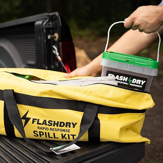 1 Flashdry Pro Portable Complete Spill Kit Includes Yellow Duffle, Bag Tag, 15 Absorbent Pads, 2 3" x4' Sorbent Socks, Disposal Bags, Nitrile Gloves, 2 5L Buckets of 100% Organic, Lightweight Coir