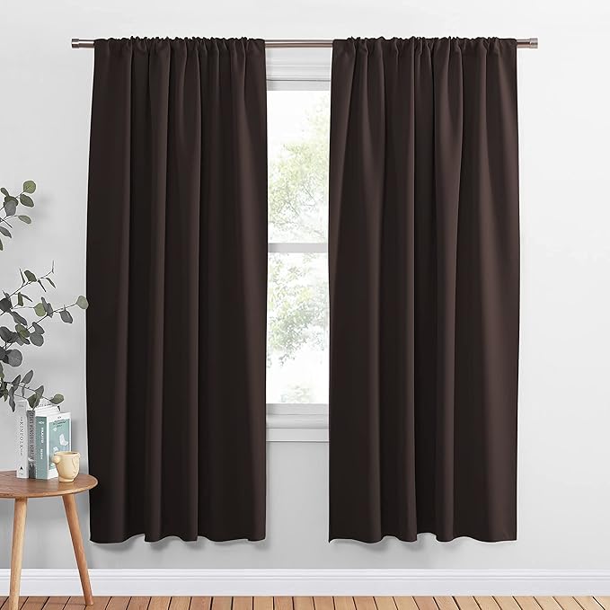 PONY DANCE Bedroom Curtains and Drapes - Blackout Panels Home Solid Rod Pocket Panels Blinds Home Decor Thermal Insulated Light Block, Wide 52 x Long 63 inch, Chocolate Brown, 2 Pieces
