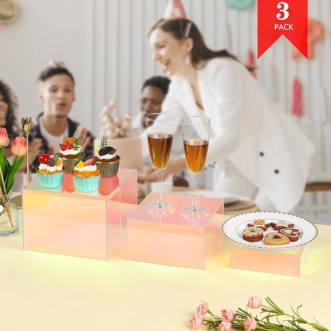 Risers Display Stands, Buffet Riser, Cubes Acrylic Display Box, Food Display Risers for Party, Acrylic Retail Display Stand, Nesting Showcase Display Riser, Craft Show Display Stand (3PCS-Iridescent)