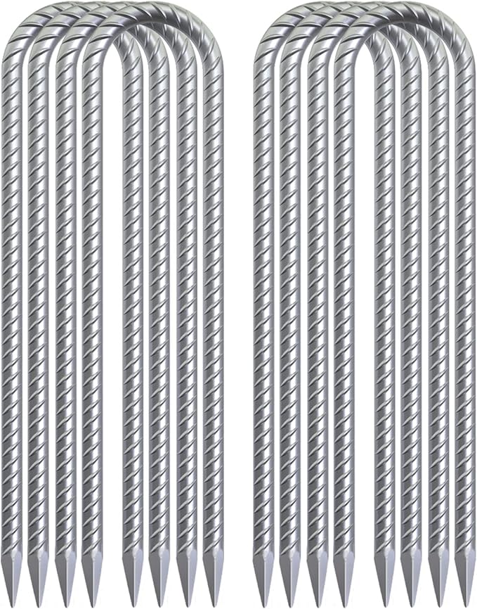 16 Inch Heavy Duty Trampoline Stakes, U Shaped Rebar Ground Anchors for High Wind, 3/8" Thick Steel U Shaped Stakes for Trampoline, Tent, Canopy, Swing Set, Playground & Bounce House, 8 Pack