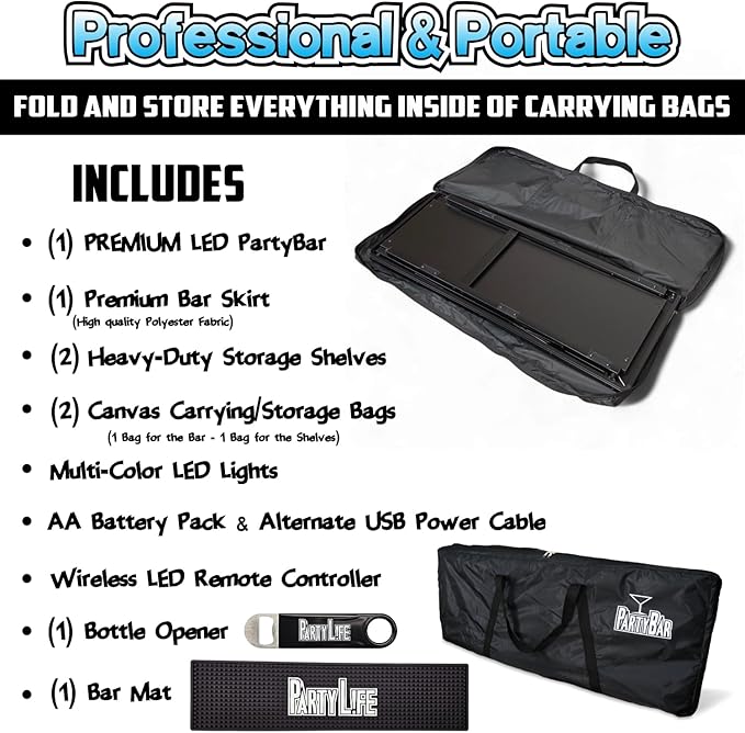 PartyLife Premium Portable Bar Table w/LED Lights, Wireless Remote, Folding Legs, Black Fabric Bar Skirt, 2 Storage Shelves & 2 Carrying Bags | Commercial Grade | Strong & Sturdy - Black