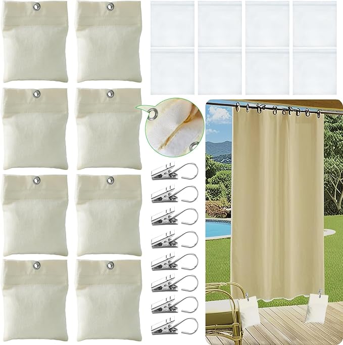 8 Pack Outdoor Curtain Weights, 15oz Outdoor Curtain Sandbag Weighted Bags Drapery Weights Bottom Patio Curtain Weights Bags Holder Clip for Pergola Drapes Cabana Gazebo Garden