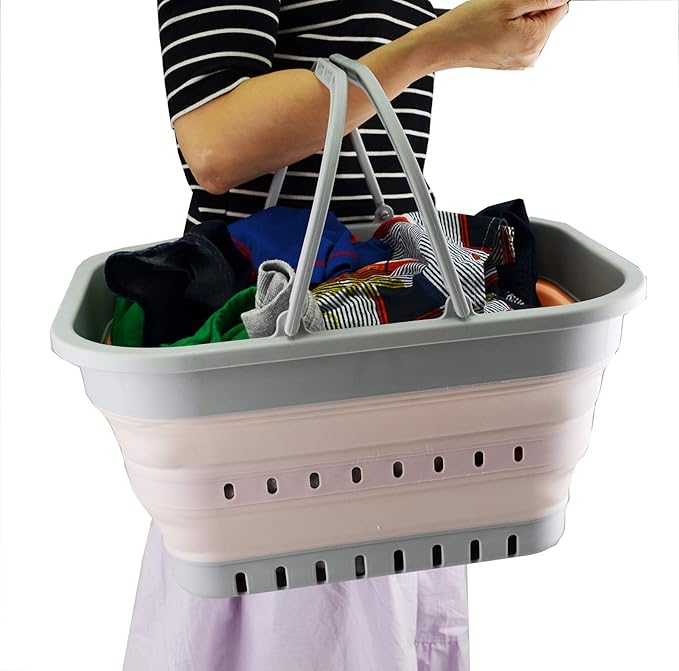 SAMMART 19L (5 Gallon) Collapsible Tub with Handle - Portable Outdoor Picnic Basket/Crater - Foldable Shopping Bag - Space Saving Storage Container (1, Grey/Pink)